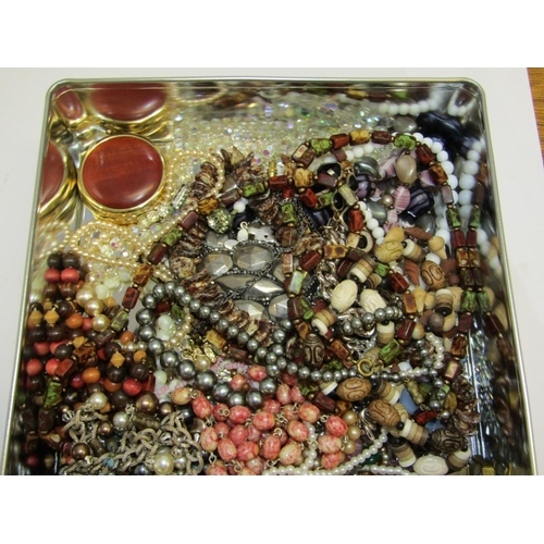 258 - COSTUME JEWELLERY, tin of assorted bead and stoneset neckalces, faux pearls, watches, etc