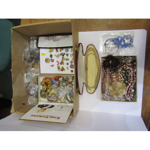 265 - COSTUME JEWELLERY & BADGES, large box of beaded necklaces, faux pearls, enamel badges, etc