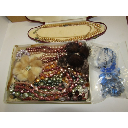 265 - COSTUME JEWELLERY & BADGES, large box of beaded necklaces, faux pearls, enamel badges, etc