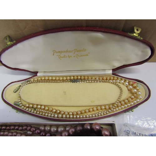 265 - COSTUME JEWELLERY & BADGES, large box of beaded necklaces, faux pearls, enamel badges, etc