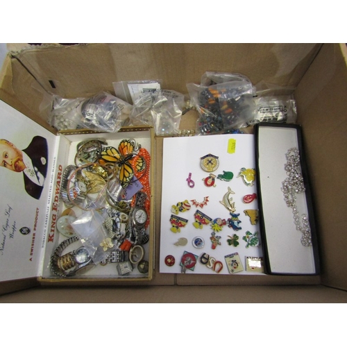 265 - COSTUME JEWELLERY & BADGES, large box of beaded necklaces, faux pearls, enamel badges, etc