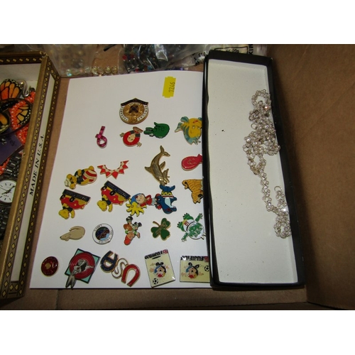 265 - COSTUME JEWELLERY & BADGES, large box of beaded necklaces, faux pearls, enamel badges, etc