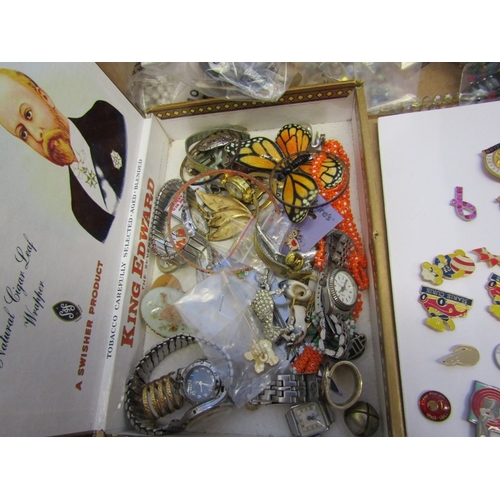 265 - COSTUME JEWELLERY & BADGES, large box of beaded necklaces, faux pearls, enamel badges, etc