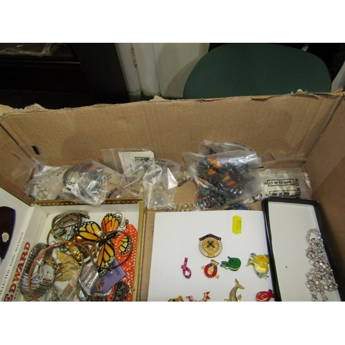 265 - COSTUME JEWELLERY & BADGES, large box of beaded necklaces, faux pearls, enamel badges, etc