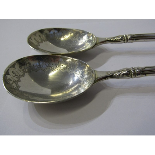 276 - PAIR OF VICTORIAN SILVER SERVING SPOONS, ornate handle with engraved bowls, also silver butter blade... 