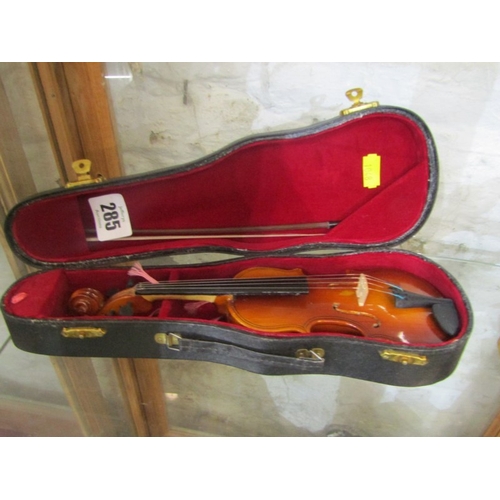 285 - CASED MINIATURE VIOLIN & BOW, together with vintage cased set of 6 coffee spoons