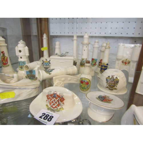 288 - CRESTED CHINA, collection to include 10 lighthouses, Conway cottage and Watchet boat