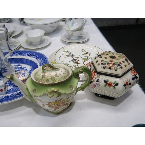 30 - STAFFORDSHIRE POTTERY, Willow pattern meat plate, floral decorated tea pot, pot pouri, art pottery v... 