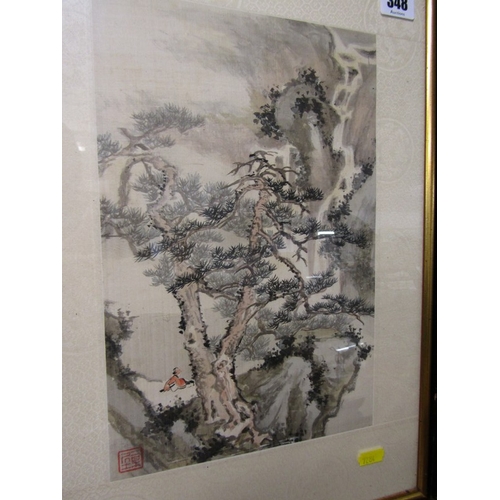 348 - ORIENTAL ART, embroidered silk panel, Japanese water colour 