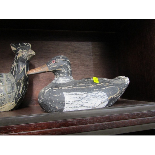 35 - CARVED WOODEN ORNAMENTS, 2 carved duck figures, together with a similar chicken figure