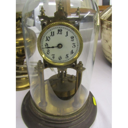 352 - DOMED 400 DAY MANTEL CLOCK and brass based table lamp in oil lamp design