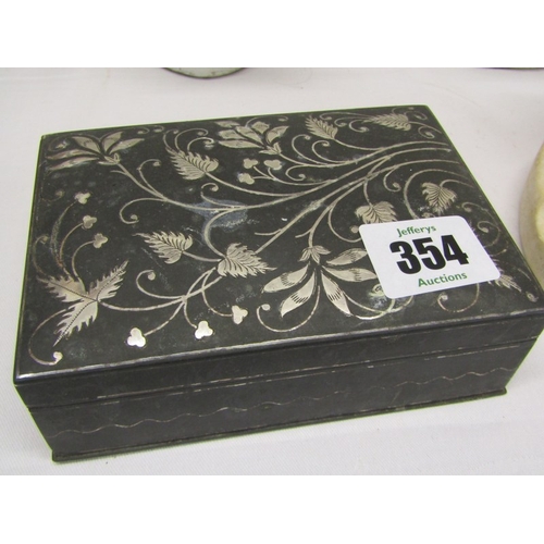 354 - NIELLO CIGARETTE BOX with accessories, also pair of planters and standish