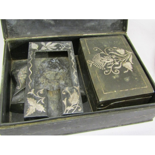 354 - NIELLO CIGARETTE BOX with accessories, also pair of planters and standish