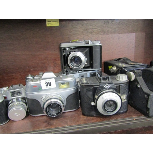 36 - VINTAGE CAMERAS, Ensign Full-view camera, an Agfa Synchro box, Zeiss Ikon Prontor 250LK, Zenit Konic... 