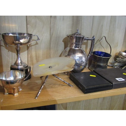 373 - SILVERPLATE, Victorian water jug, trophy cup, mother of pearl standish and contents of shelf