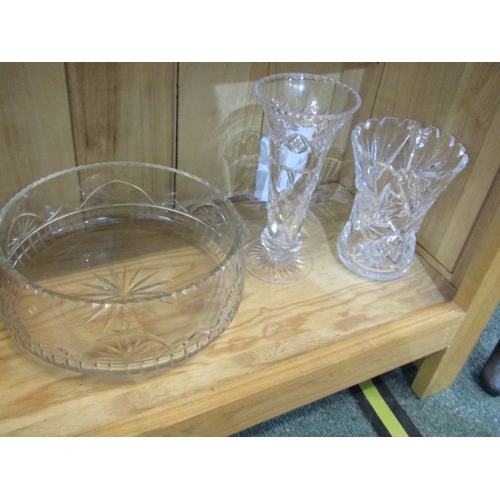 376 - CUT GLASS, carnival glass bowl, 2 cut glass fruit bowls and 2 vases