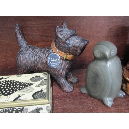 38 - CARVED ANIMAL FIGURES, Inuit carved figure of a bird, a Radley advertising figure of a terrier,  ele... 