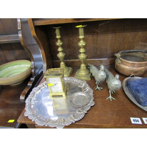 380 - METALWARE, pair of Victorian brass candle sticks, plated tray, pair of plated pheasants and contents... 