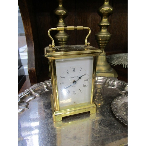 380 - METALWARE, pair of Victorian brass candle sticks, plated tray, pair of plated pheasants and contents... 