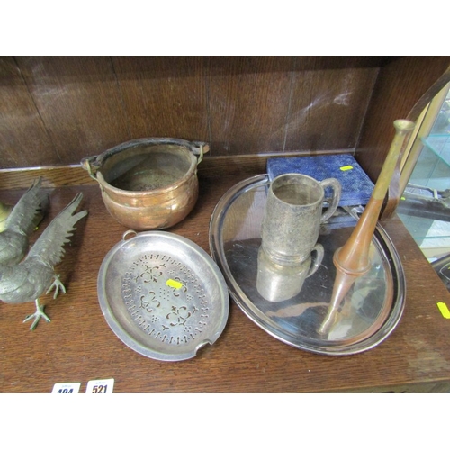 380 - METALWARE, pair of Victorian brass candle sticks, plated tray, pair of plated pheasants and contents... 