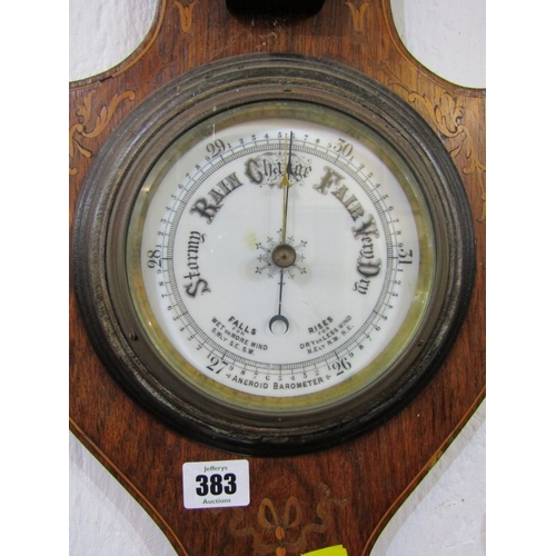 383 - VICTORIAN MARQUETRY ROSEWOOD ANEROID BAROMETER