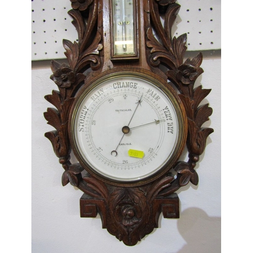 393 - VICTORIAN ANEROID BAROMETER COMBINED CLOCK & THERMOMETER by Tritschler of Carlisle in carved oak fra... 