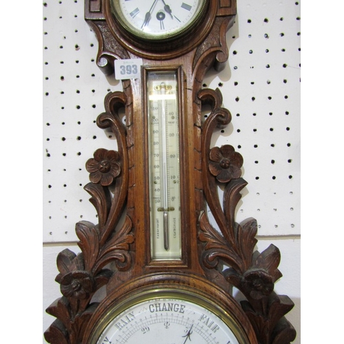 393 - VICTORIAN ANEROID BAROMETER COMBINED CLOCK & THERMOMETER by Tritschler of Carlisle in carved oak fra... 