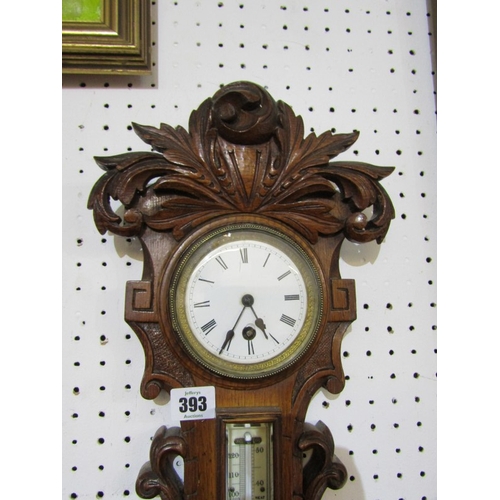 393 - VICTORIAN ANEROID BAROMETER COMBINED CLOCK & THERMOMETER by Tritschler of Carlisle in carved oak fra... 