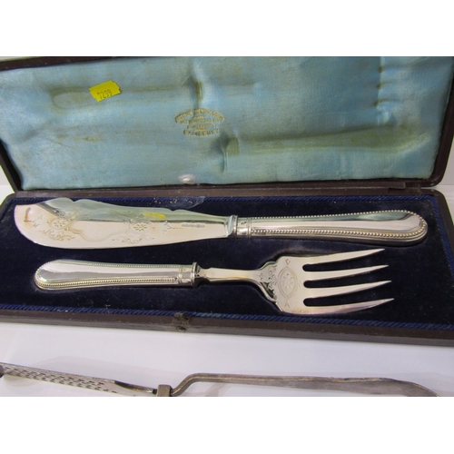 409 - ASPARAGUS SERVERS, pair of Victorian silverplated asparagus servers, together with a pair of plated ... 