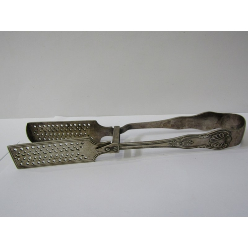 409 - ASPARAGUS SERVERS, pair of Victorian silverplated asparagus servers, together with a pair of plated ... 