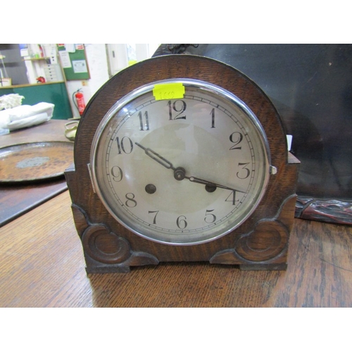 412 - CLOCK & TRAY, 1930s oak veneered mantel clock with silver dial, also a lacquered twin handled tray w... 