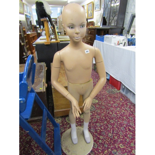 424 - CHILD MANNEQUIN, vintage mannequin on circular metal stand, 124cm