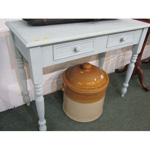 449 - PAINTED PINE SIDE TABLE, fitted 2 drawers on turned supports, 100cm