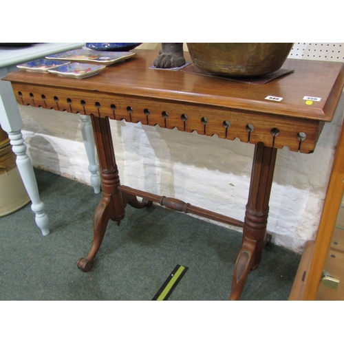 450 - VICTORIAN MAHOGANY SIDE TABLE on twin cabriole legs and stretcher base