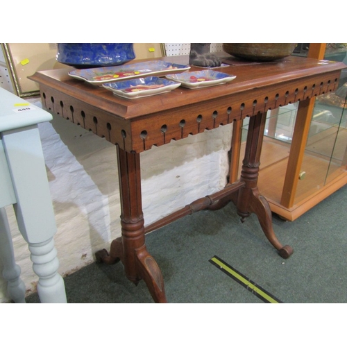 450 - VICTORIAN MAHOGANY SIDE TABLE on twin cabriole legs and stretcher base