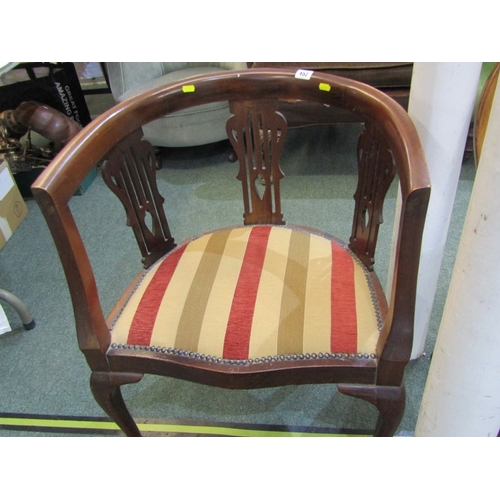 452 - EDWARDIAN MAHOGANY TUB ARMCHAIR with fretwork back panels