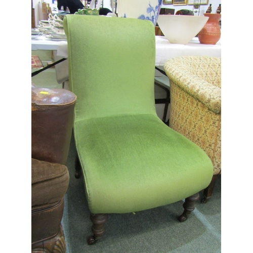 455 - EDWARDIAN GREEN UPHOLSTERED SCROLL BACK NURSING CHAIR