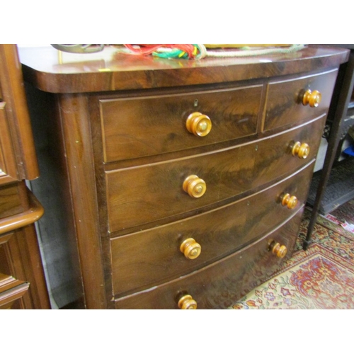 460 - 19th CENTURY BOW FRONT CHEST, mahogany veneered chest, fitted 2 short and 3 long drawers, 120cm