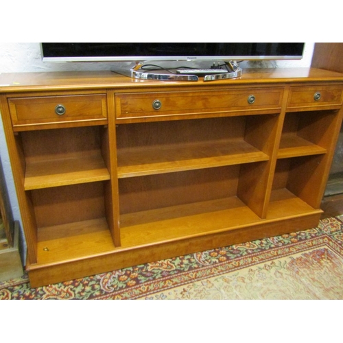 472 - MODERN SIDE CABINET, yew veneered side cabinet, fitted 3 drawers and shelves, 154cm