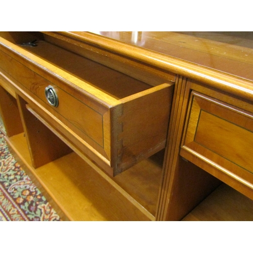 472 - MODERN SIDE CABINET, yew veneered side cabinet, fitted 3 drawers and shelves, 154cm