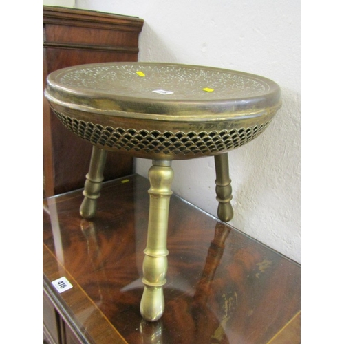 475 - EASTERN BRASSWARE, Eastern brass 3 leg stool with foliate decoration to top