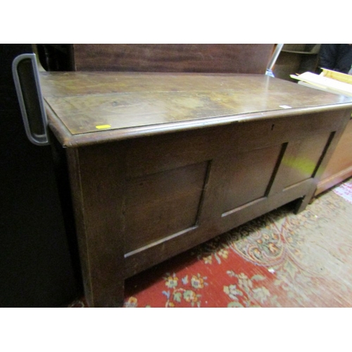 480 - OAK COFFER with 3 panelled front and rising top