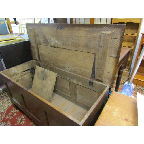 480 - OAK COFFER with 3 panelled front and rising top