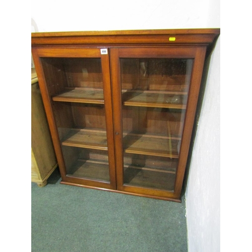 498 - MAHOGANY BOOKCASE, mahogany veneered bookcase, fitted 2 glazed doors, with 2 shelves to interior, 90... 