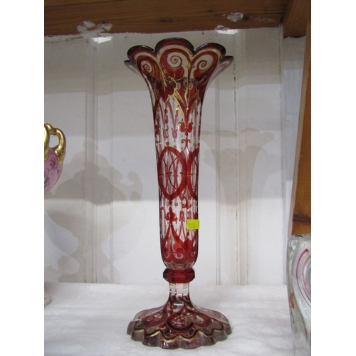 5 - ART GLASS, signed oil lamp, 2 branch art glass candlestick and a Victorian ruby flash and gilt decor... 