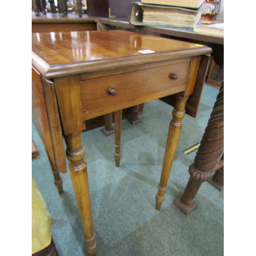 500 - MAHOGANY SIDE TABLE, 19th Century mahogany drop leaf side table, on turned supports, fitted 1 drawer... 