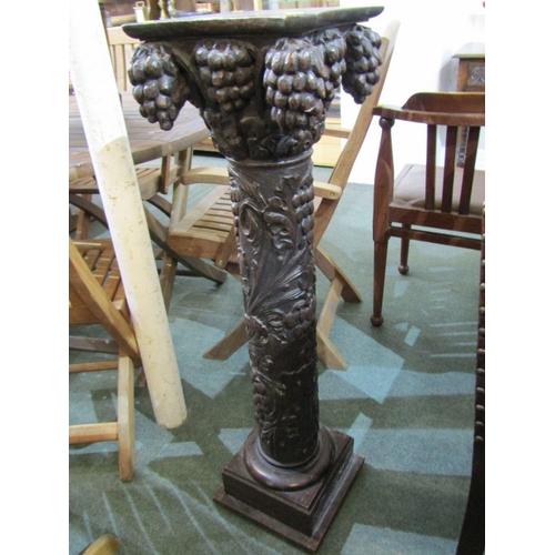 507 - 19th CENTURY CARVED PILLAR, heavily carved oak pillar, with grape and foliate decoration on square f... 