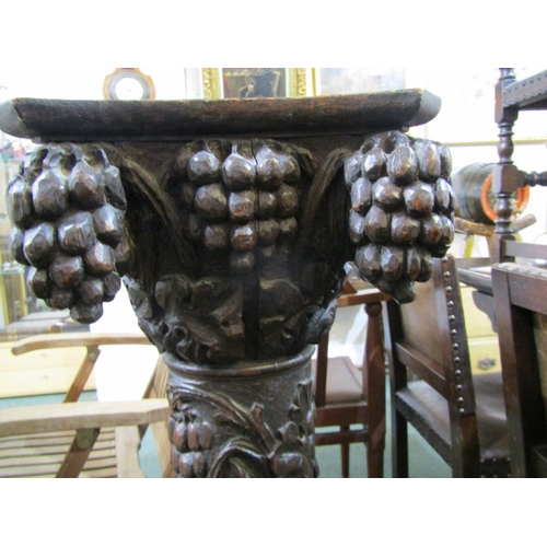 507 - 19th CENTURY CARVED PILLAR, heavily carved oak pillar, with grape and foliate decoration on square f... 