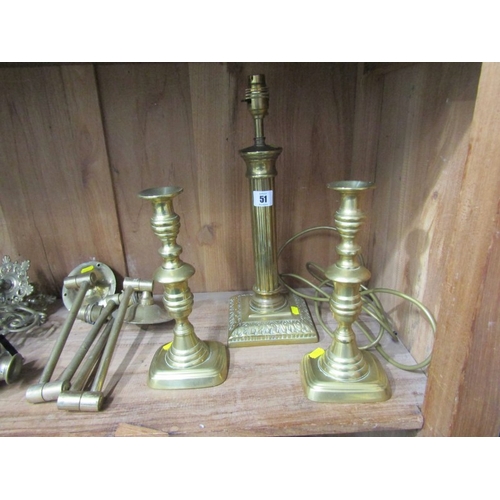 51 - BRASS WARE, brass based table lamp, pair of 19th Century brass candle sticks, brass sconces and ligh... 