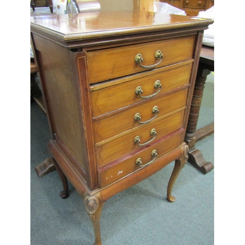 513 - EDWARDIAN MUSIC CABINET, mahogany veneered and inlaid 5 drawer music cabinet on cabriole legs, 52cm ... 